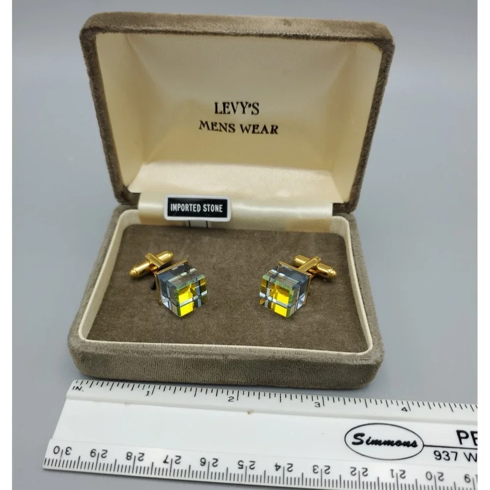 Vtg Cubic Prism Crystal Quartz Goldtone Cufflinks Levy's‎ Mens Wear Original Box